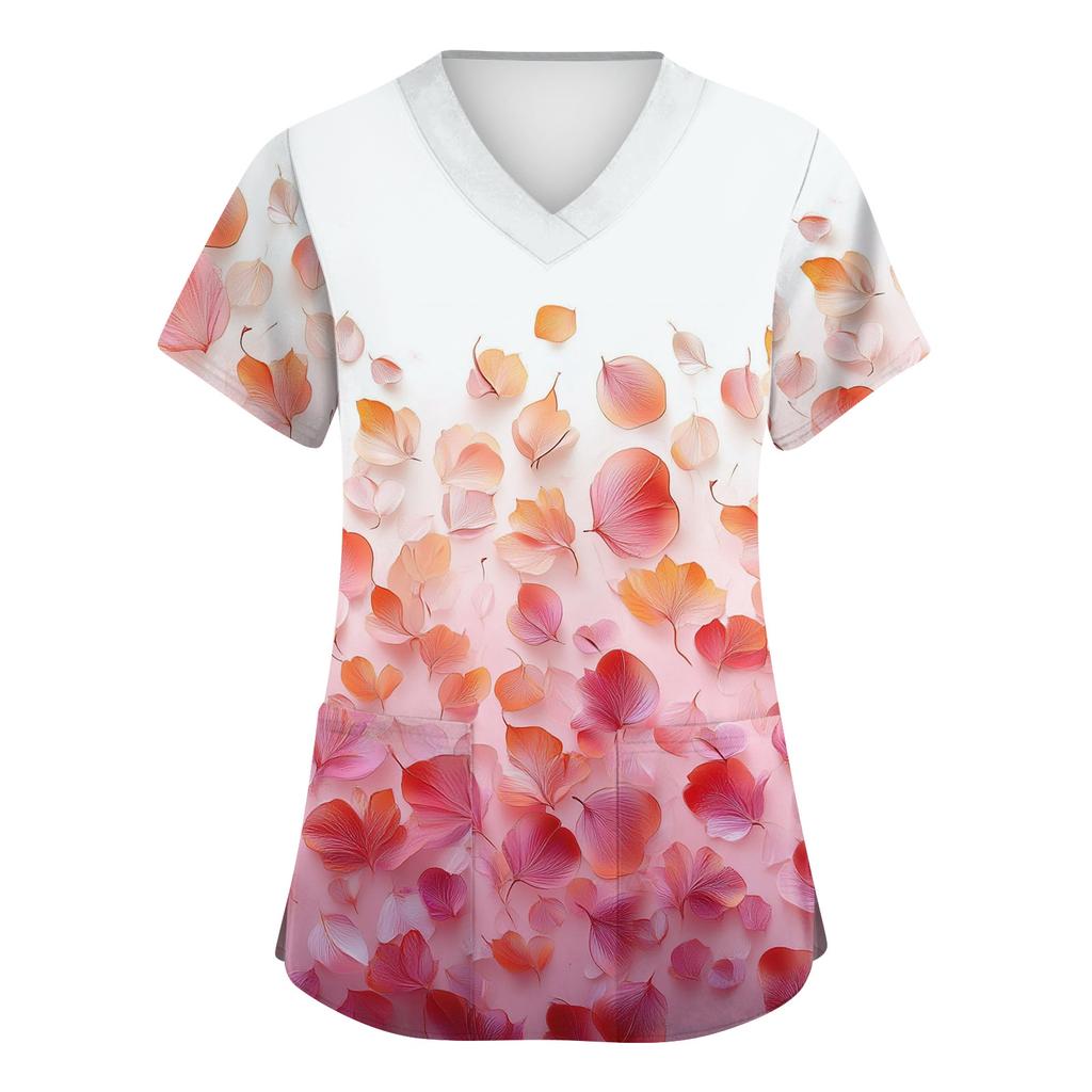 Women's Fashionable V-neck Workwear Printed Short Sleeved Pocket Side Slit Workwear Basic Pullover Top