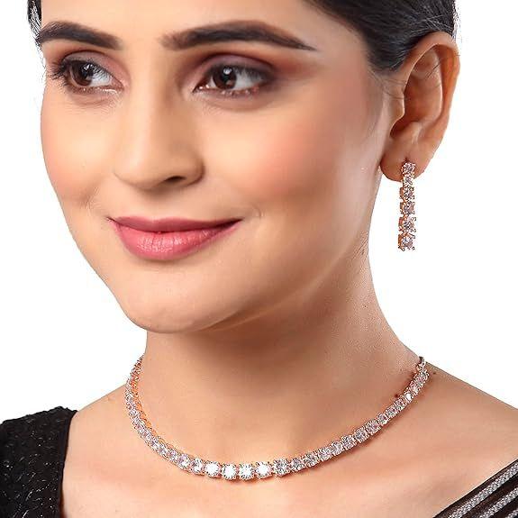 Jewellery Set Classic Style AD/American Diamond Studded Rose Gold Plated Handcrafted Circle Necklace Set for Women & Girls