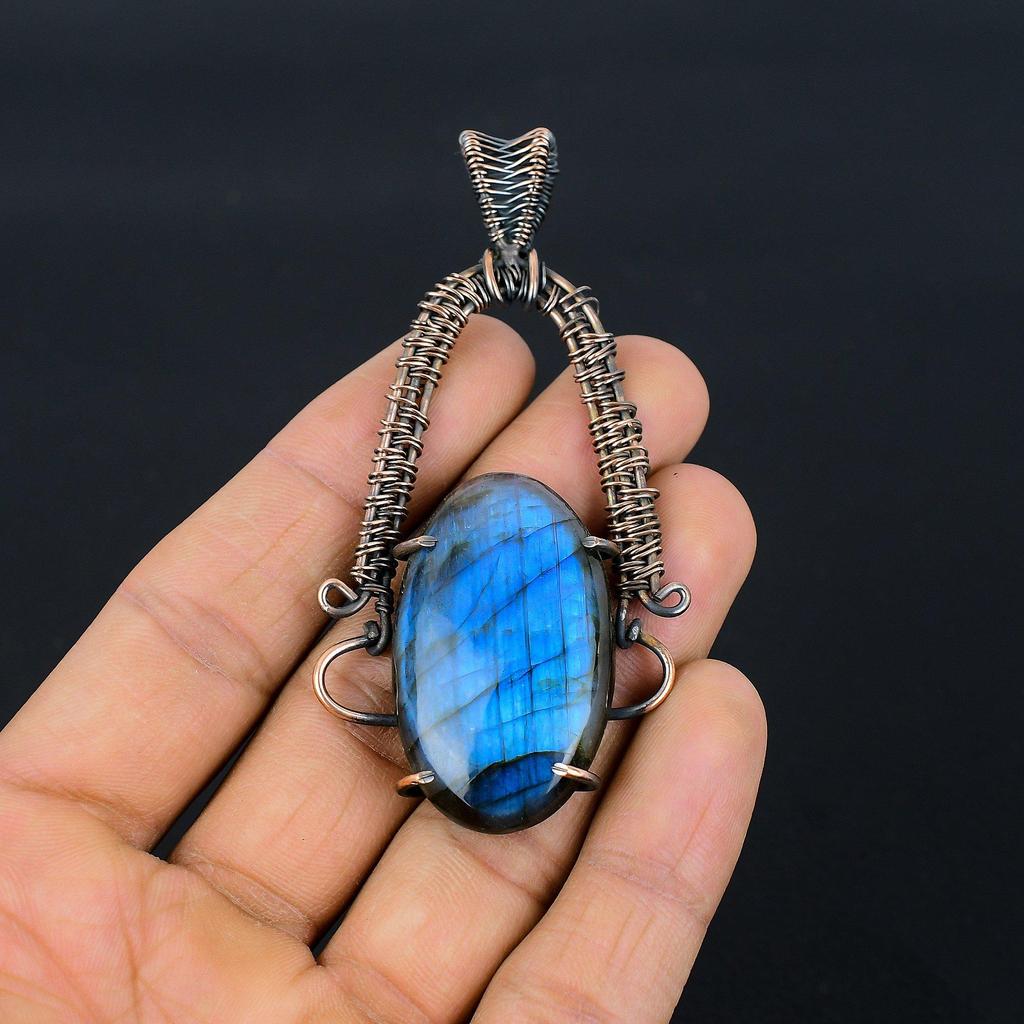 Labradorite Pendant, Handmade Gemstone 999 Copper Wire Wrapped Pendant Antique Jewelry, For Gift Silver Jewelry