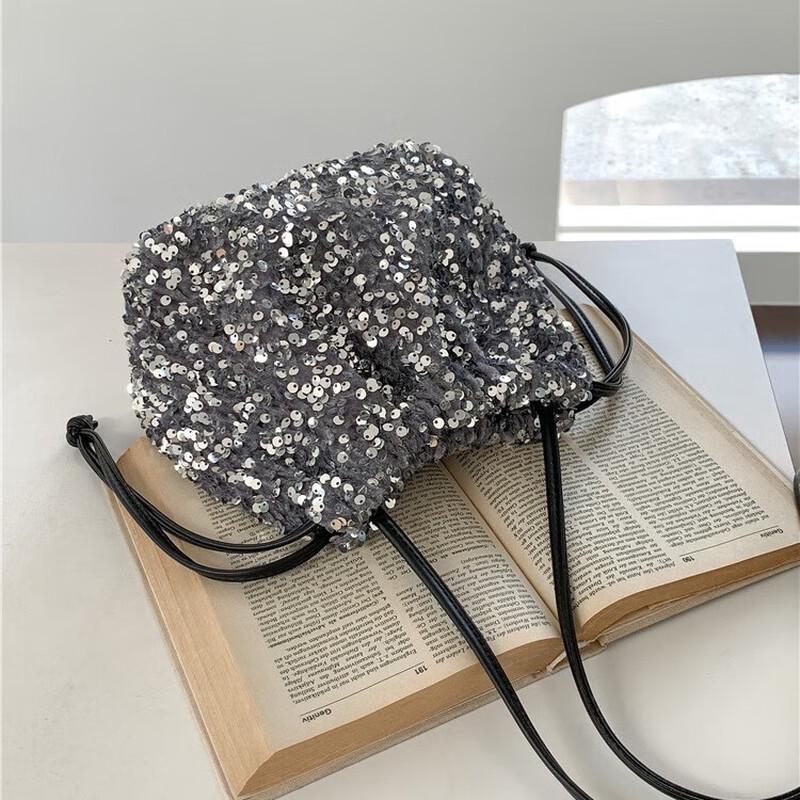 Tuoluman Women's Pleated Sequin Drawstring Bucket Bag