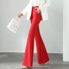 Summer New Temperament Thin Fashion Straight Flare Pants Women Solid Elastic High Waisted Patchwork Pockets Wide Leg Trousers