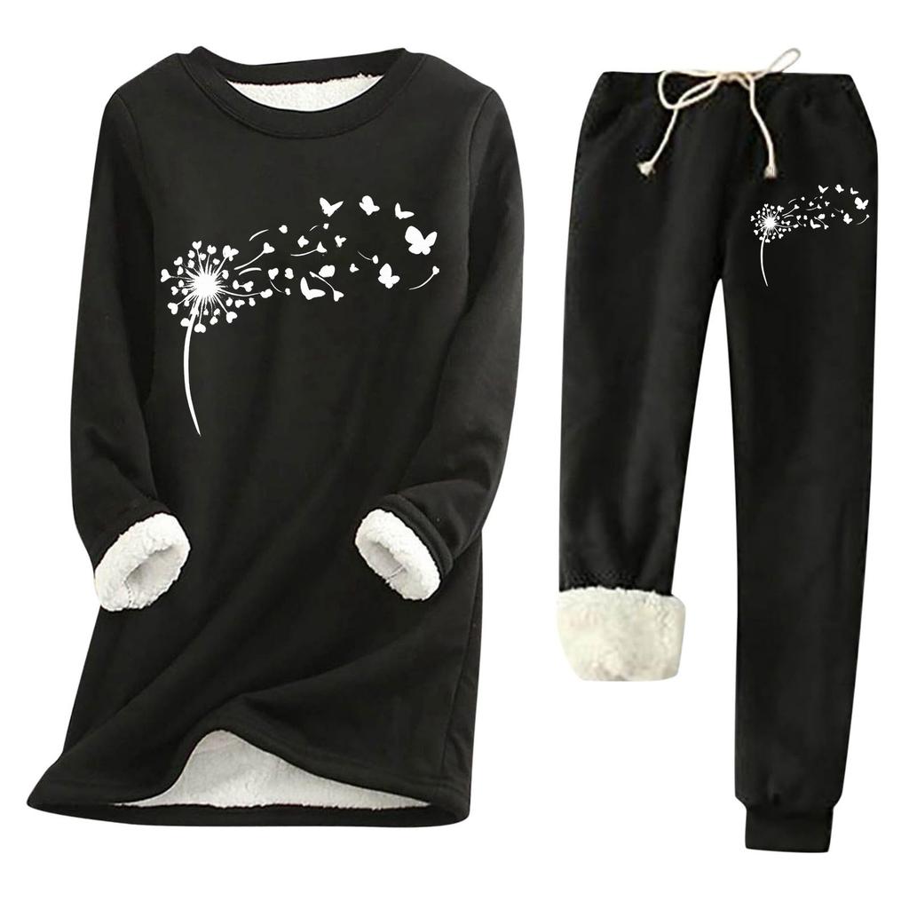 Women's Print Round Neck Warm Suit Long Sleeve Fleece Drawstring Sweatpants Two-Piece Set