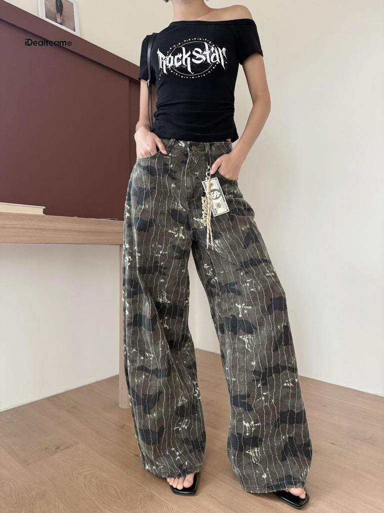 INSS 2026 Spring Women's Slimming Straight Leg Retro Camouflage Water Ripple Jeans