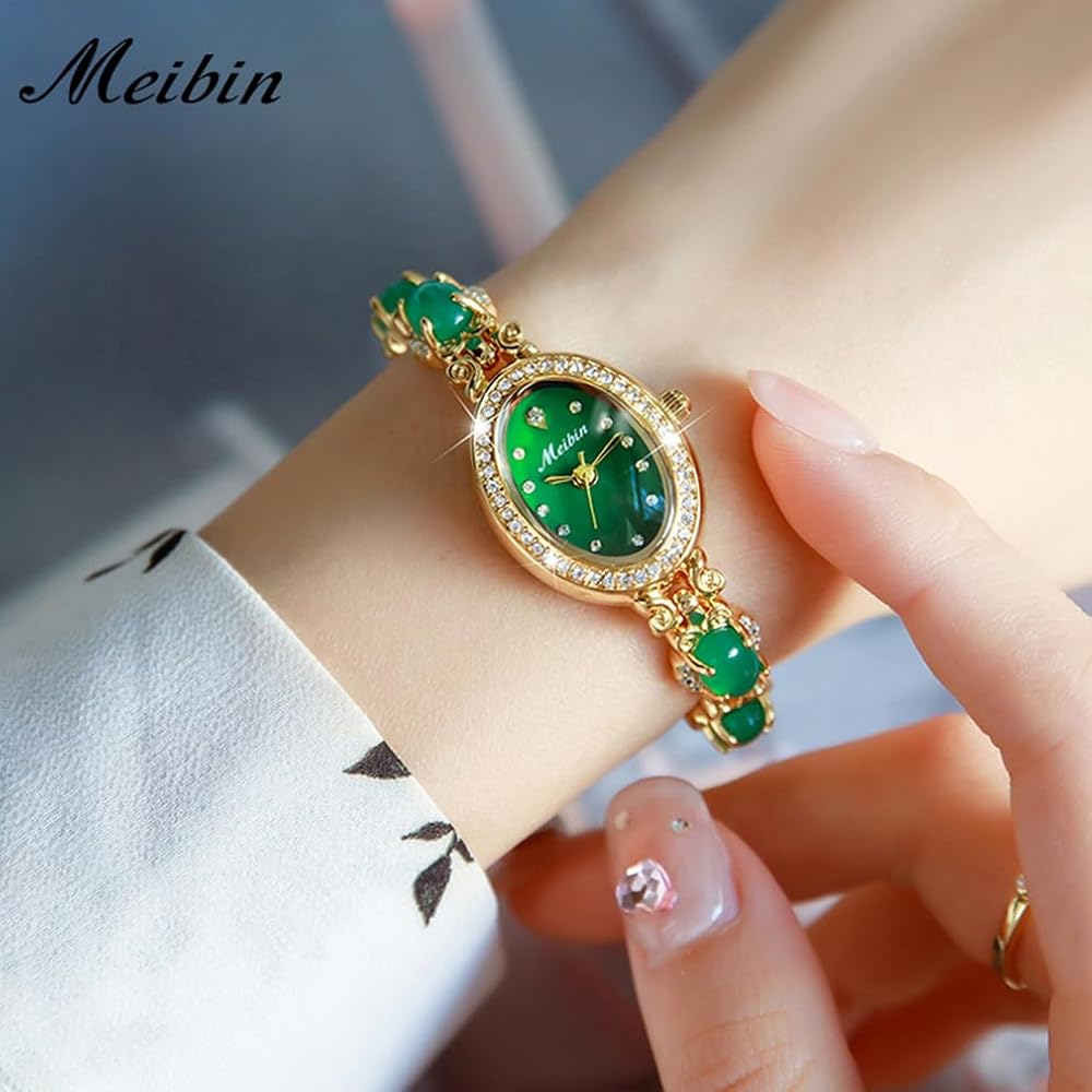 "Elegant Women's Bracelet Watch Green Crystal Waterproof Quartz Simple Gold"