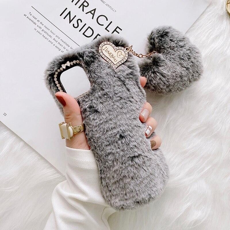 Süße warme Winter Plüsch Fell Liebe Anhänger Handyhülle für iPhone 15 14 13 12 11 Pro Max /Samsung S23 S22 S21 S20 Fe A14 A24 A34 A54 A13 A23 A33 A53 A12