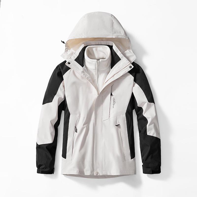 New Blue Three-in-One Stretch Waterproof Breathable Windbreaker Mountaineering Suit with Print for Autumn and Winter.