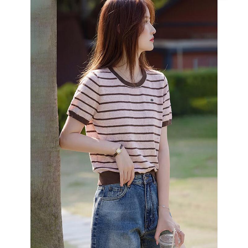 Fashion Ribbed Striped Knit Short-Sleeve Top One Size