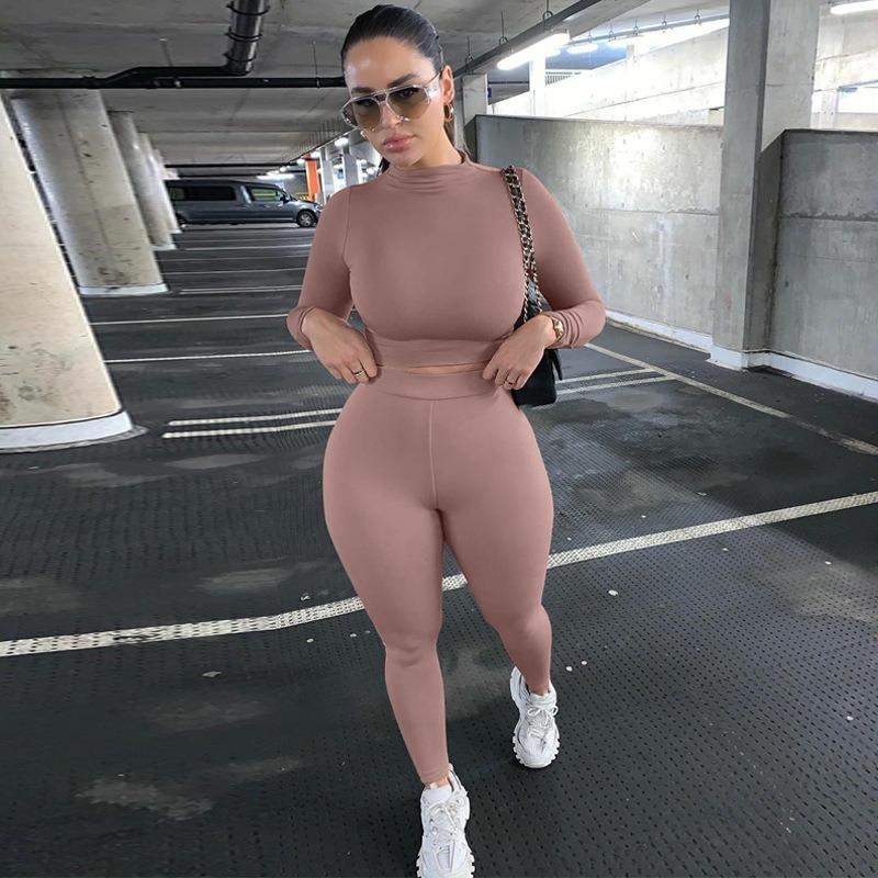 VEZFAA Women's Fashion Casual Spring Autumn Solid Color Print Long Sleeve O-Neck Trousers Pants Suits