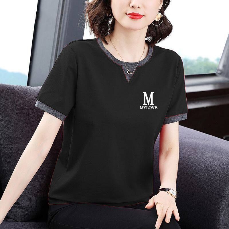 

Middle-Aged Ladieswear Pure Cotton Western Style Slimming T-shirt That Hides Your Belly Black [Letter m] 2XL [Recommended 65-72.5kg]