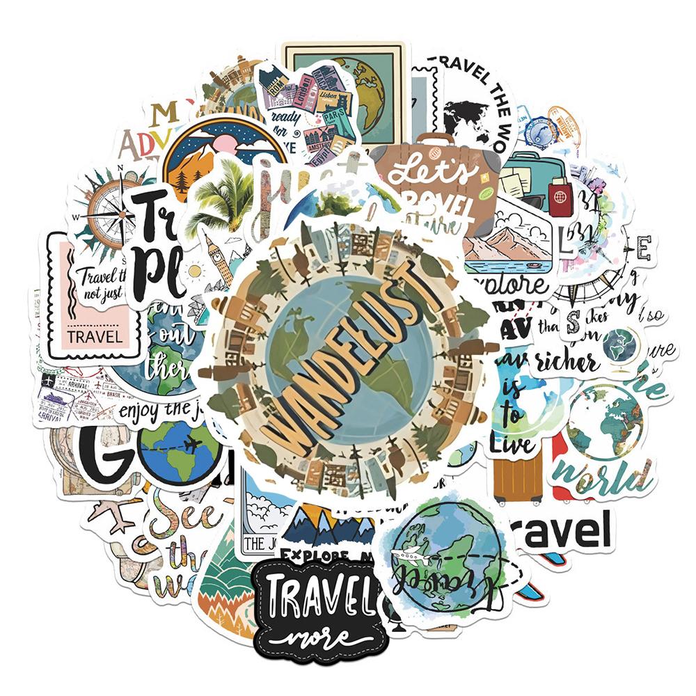 10/30/50pcs Outdoor Travel Cartoon Stickers World Map Landscape Decals DIY Laptop Journal Notebook Holiday Vacation Sticker Pack