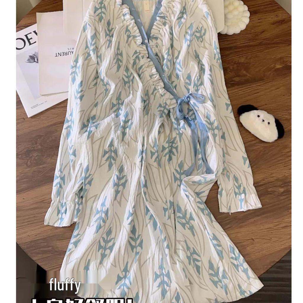 2026 Spring Cloud Cotton Long Sleeve Tie-Up Nightgown - Sweet, Cute, Comfortable Women's Loungewear