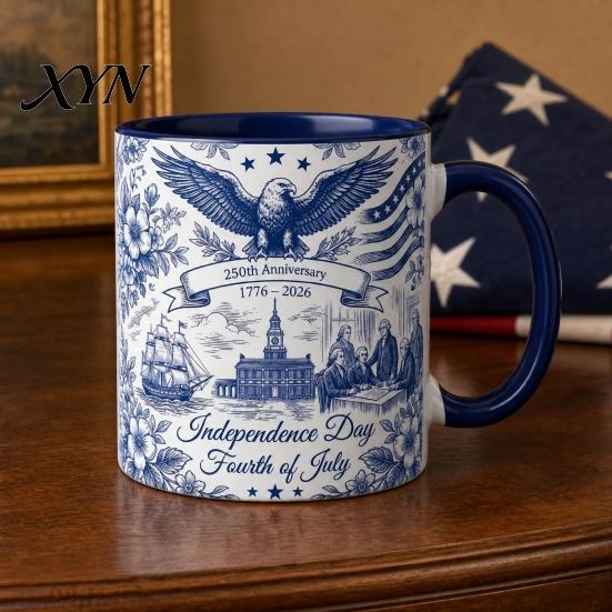 Independence Day Cup USA 250th Anniversary Blue Mug, Patriotic Ceramic Coffee with Heritage Eagle Flag Design, Gift for Veterans Men Women Durable