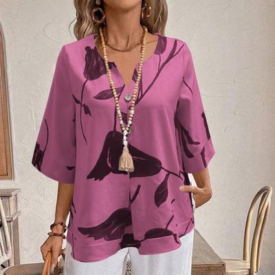 Europäisches und amerikanisches Sommer-Pullover-Shirt mit V-Ausschnitt und Aufdruck für Damen – lässig, locker und kurzärmelig