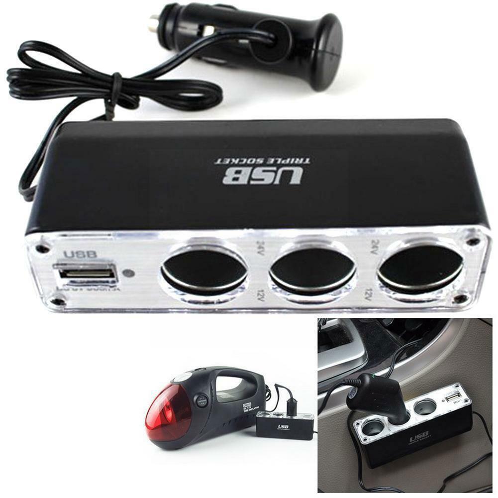 3 Way Multi Socket Car Cigarette Lighter Splitter USB USB Adapter 12V/24V BX Plug With DC Port Triple Charger F7U9