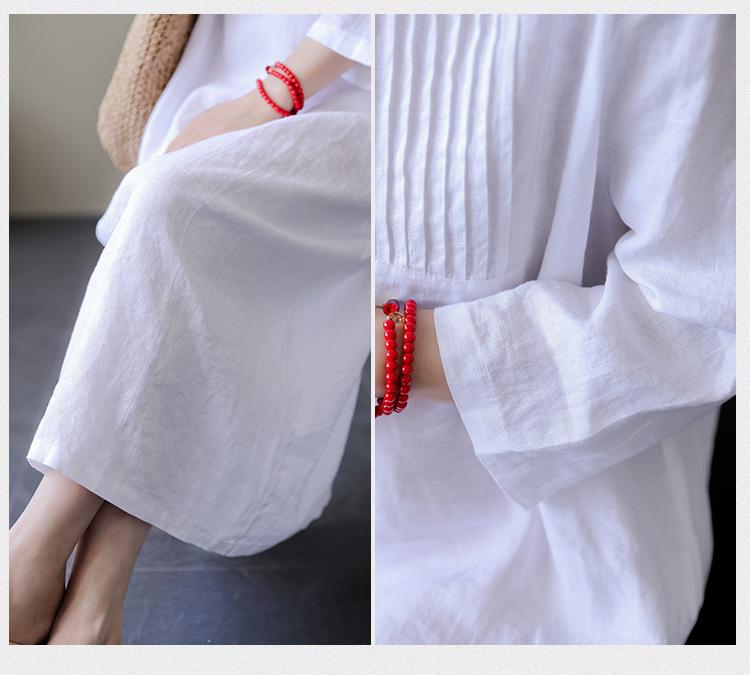 Women's Artistic Retro V-Neck Cotton Linen Dress – Single-Breasted, Casual, Five-Sleeve, Loose Fit for Summer 2025.