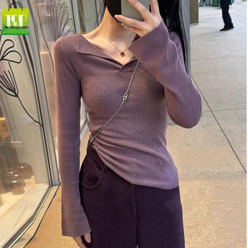 

Women s Solid Color V-Neck Slim-Fit Knit T-Shirt - Soft and Fluffy, Age-Reducing Base Layer for Spring 2026. 4XL фіолетовий