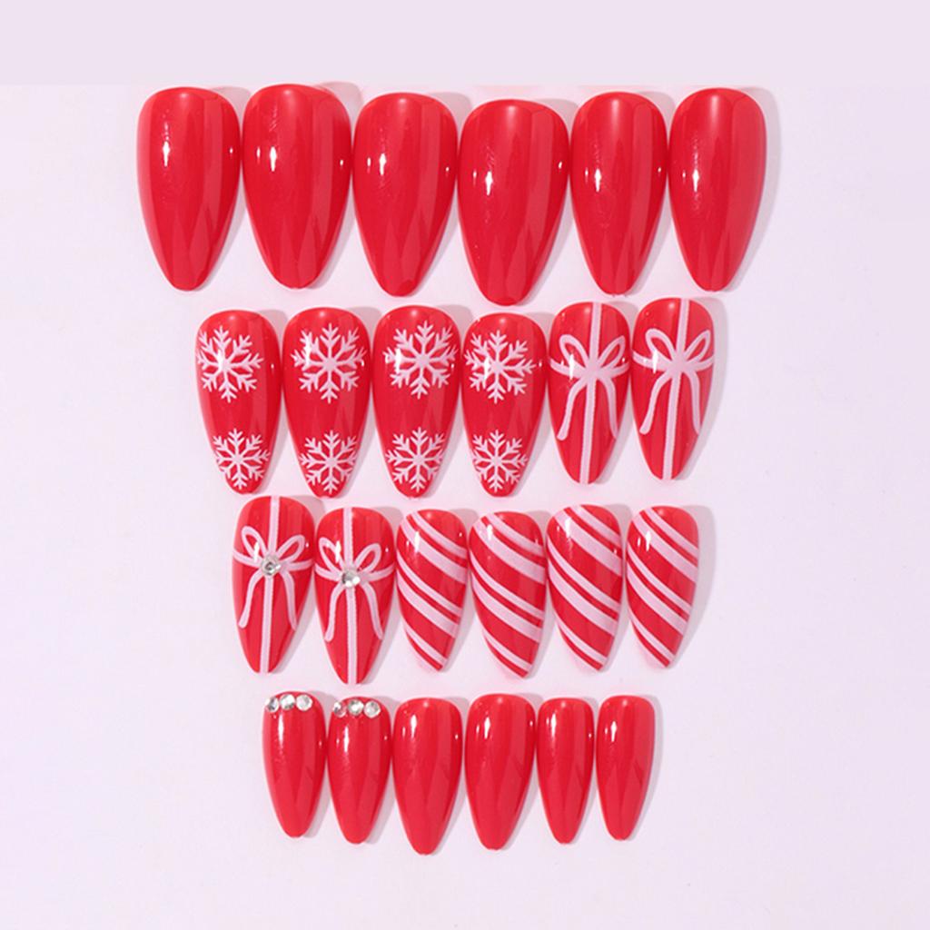 24PCS Red Press on Nails with Snowflake Ribbon Design Holiday Artificial False Nails for Women Christmas Party
