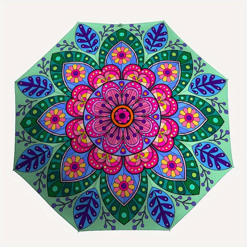 

1pc Floral Mandala Design Automatic Opening/Closing Folding Umbrella with 32 Ribs, Plastic Handle, Windproof Portable Sunshade Umbrella y250726072