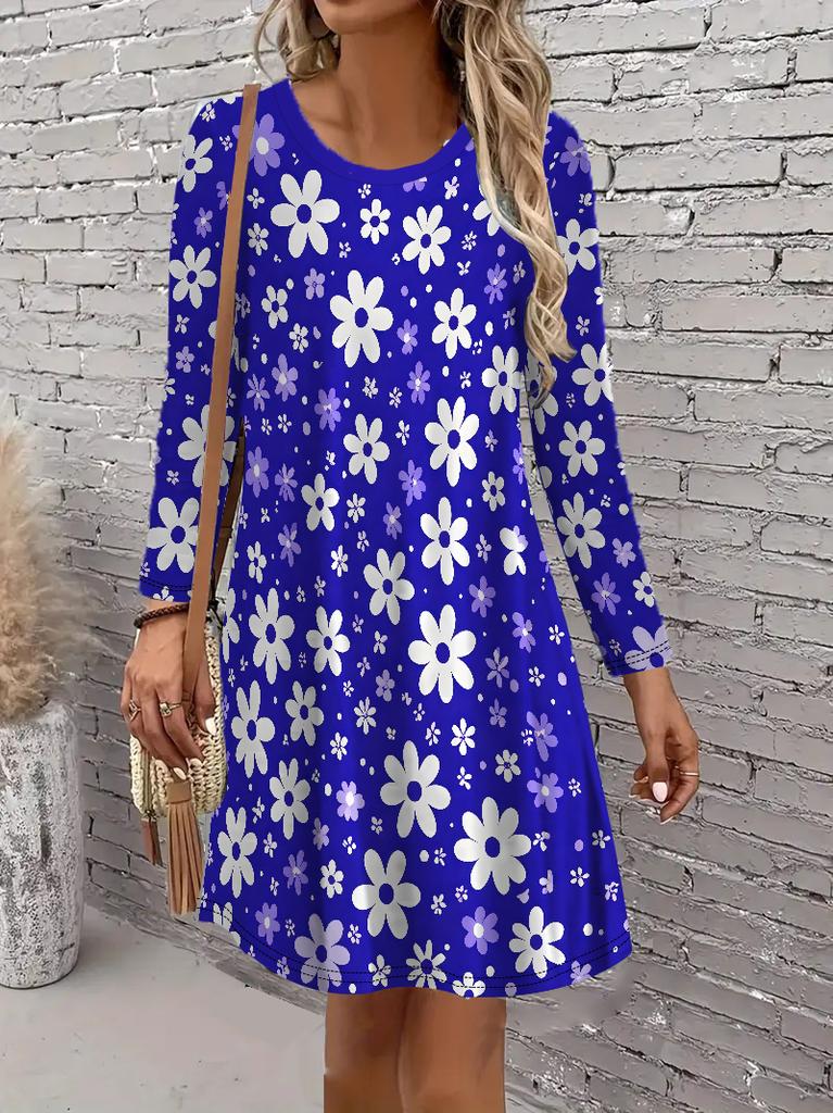 Retro Floral Pattern Casual Dress, Women's Autumn Long Sleeved Round Neck Casual Mini A-line Dress Vestidos De Mujer