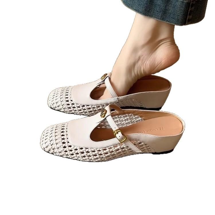 2026 Spring and Summer New Retro Woven Hollow Bag Head Half Drag T-band Mary Jane Shoes Square Head Shallow Mouth