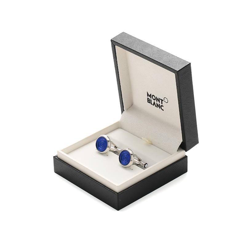 Montblanc Mens Steel Resin Round Cufflinks Men accessories Silver Blue 116655 Box (Box+Dust Bag)
