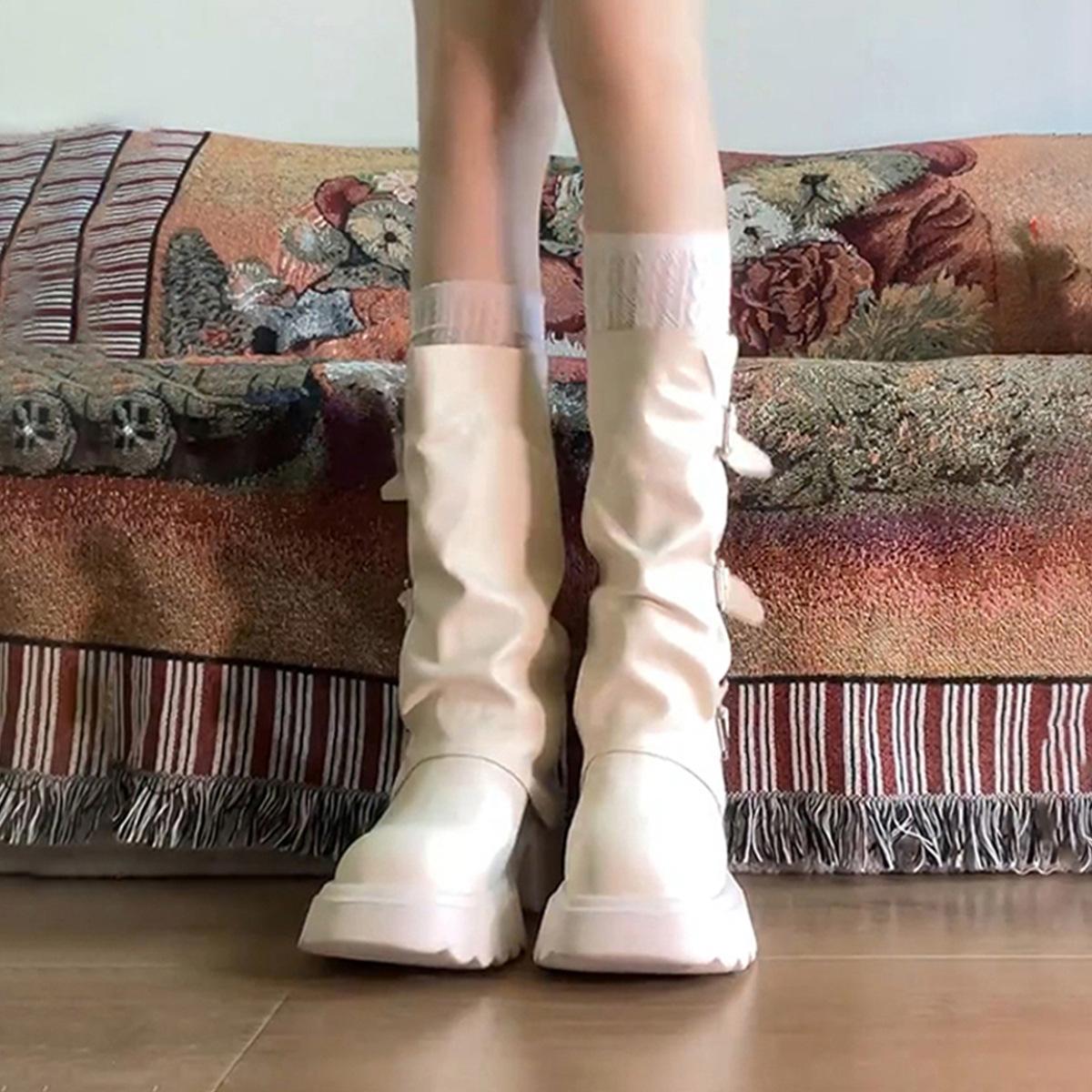 

Sweet cool wind small man thick bottom heightening thin trouser tube boots women s retro pleated western cowboy boots 35 бежевый