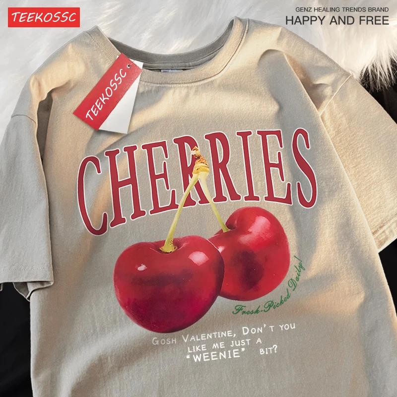 Damen Baumwolle Gewaschene T-Shirts Trend O-Ausschnitt Distressed Tops Frischer Roter Kirschen Druck Kurzarm Sommer Straße Damenkleidung