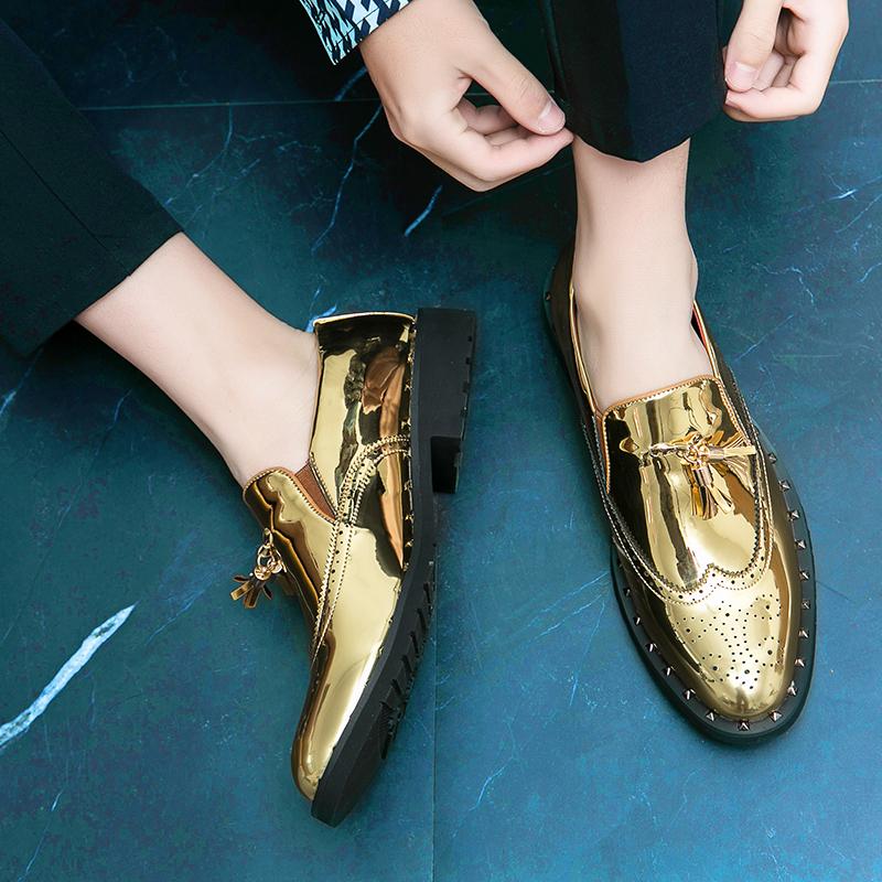 Men's Gold Tasseled Loafers Gold Dress Wingtip Shoes Stylish Leather Prom Blazers Dance Disco Party Shoes Large Size