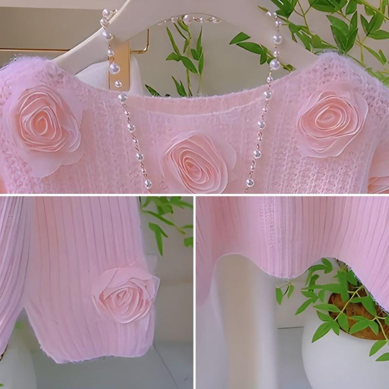 Höst Rosa Blommig Stickad Tröja Dam Lättsam Fransk Stil 3D Kamelia Lös Vinterkläder