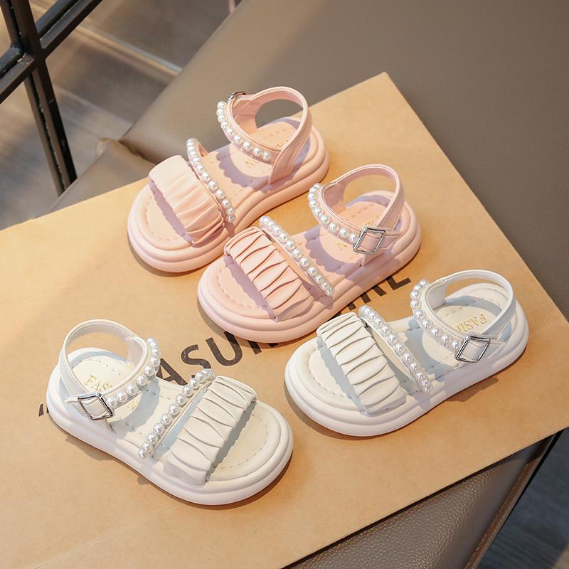 Girls Princess Shoes Pleated Ins Trendy Kids Sandals Beads Sweet Soft Sole 2025 Summer New Children Beach Shoes Open Toes Cute