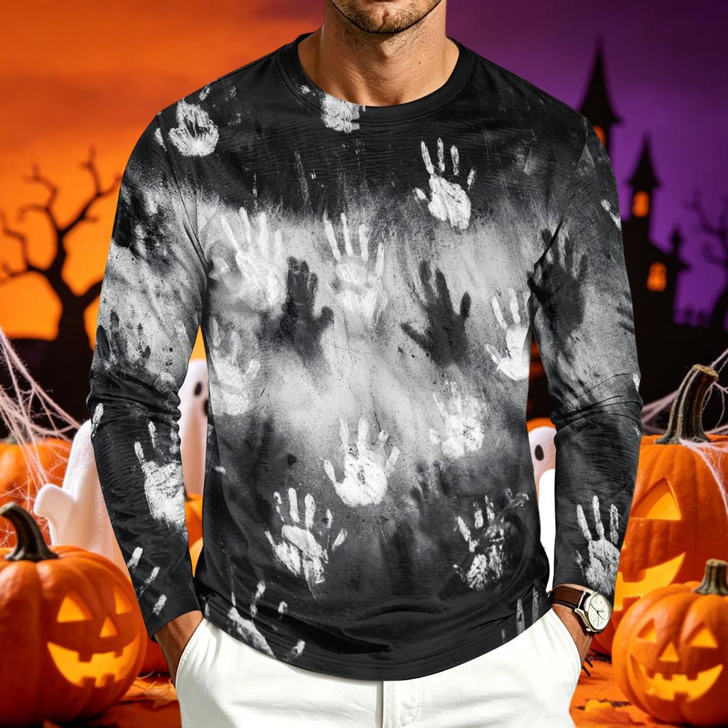 Men's Casual Long Sleeve Round Neck T-Shirt with Halloween Print for Holiday Parties
