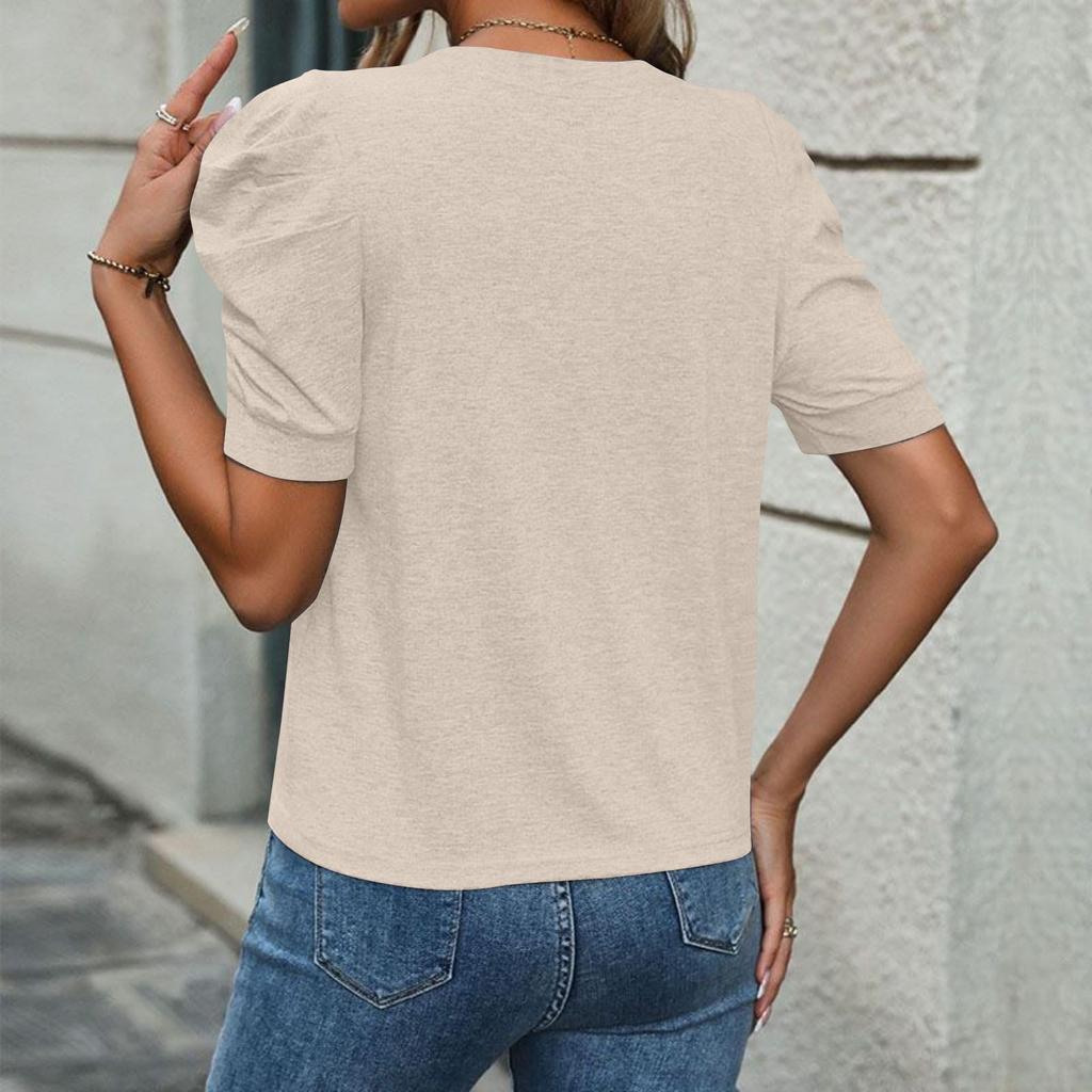 Women’s Short Puff Sleeve Crew Neck T Shirt Casual Loose Fit Soft Knit Top for Daily Wear Work Travel