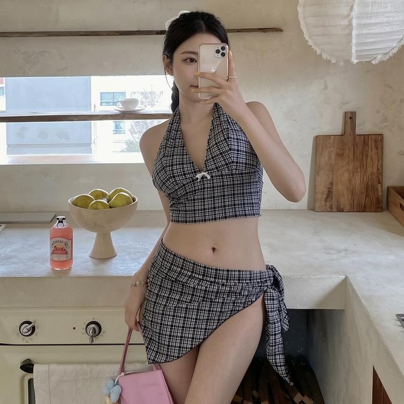 Pure retro hottie sexy bikini women's plaid neck straps split three-piece hot spring vacation swimsuit