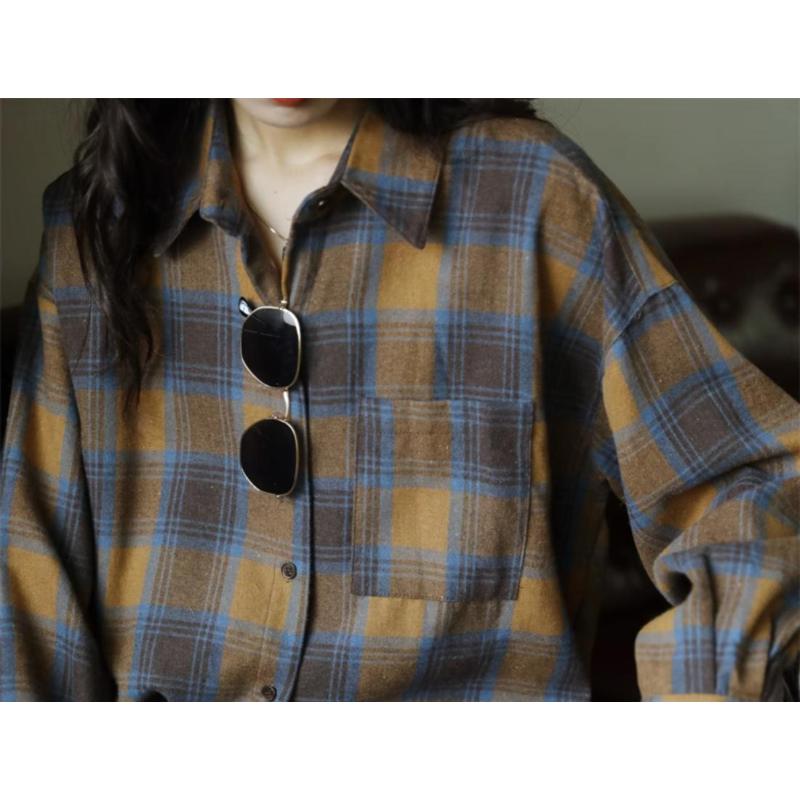Simple Retro Design Loose Brushed Plaid Shirt Spring and Autumn New Button Fashion Long-sleeved Top
