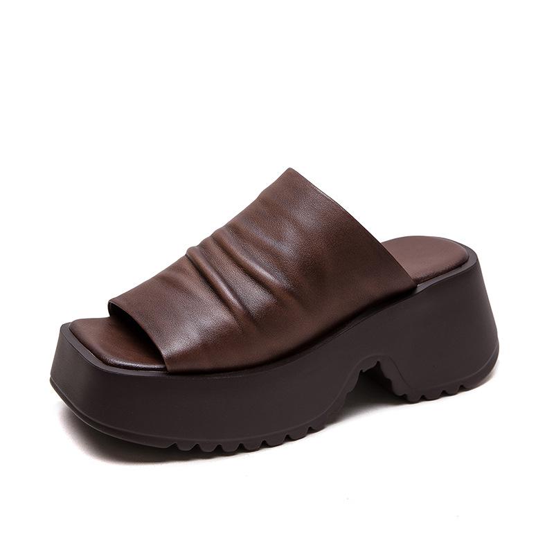2026 Summer Genuine Leather Retro Platform Sandals Women Chunky Sole Mules Comfortable Casual Shoes