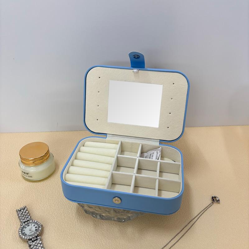 Travel Jewelry Storage Box with Mirror Solid Color Simple Earrings Ring Necklace Jewelry Box Double Layer Household Jewelry Box