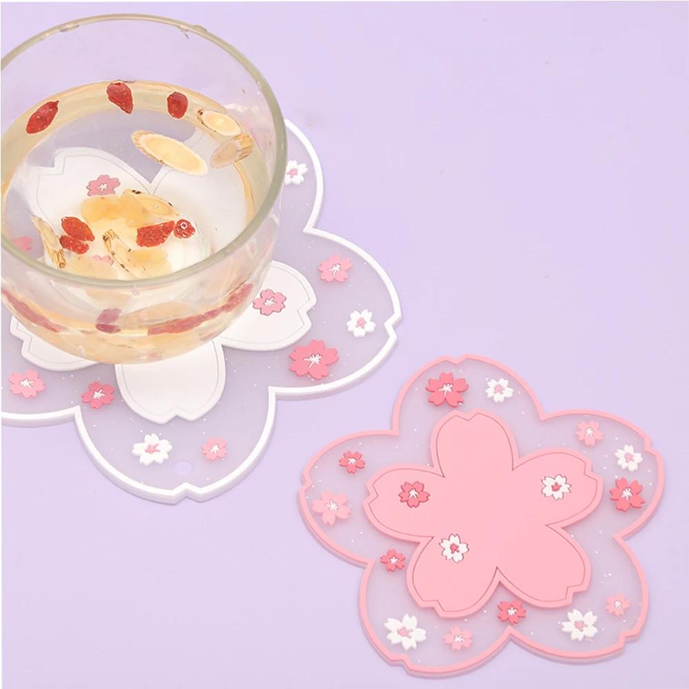 Posavasos Kawaii japonés con diseño de flor de cerezo, tapete aislante para taza de té, leche, bebida, 1 unidad