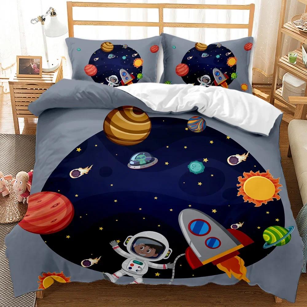 

Child Cartoon Astronaut Duvet Cover Bedding Set King Size Boys Kids Galaxy Stars Out Space Soft Polyester Comforter Cover Black EU Twin(135x200cm)