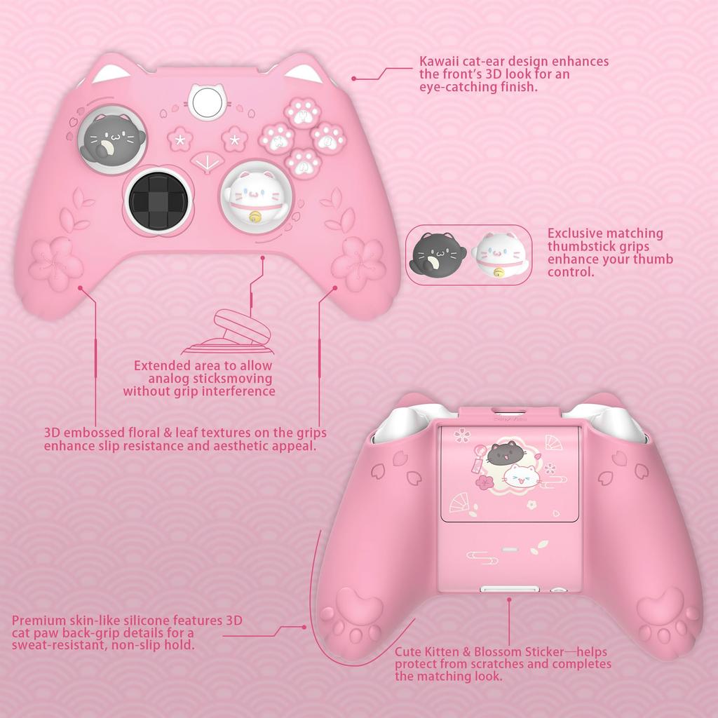 PlayVital Silicone Cover for Xbox Series Sakura Kitten Design Grip Cover Thumbstick Caps Stickers Soft Rubber Case for Xbox Wireless Controllers X/S