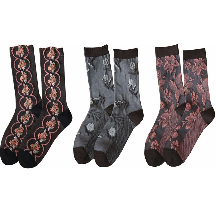 3 Pair Korean Style Women Socks Fashion Flower Printing Autumn Winter Middle Tube Lady Socks Set Soft Comfortable Socks Woman