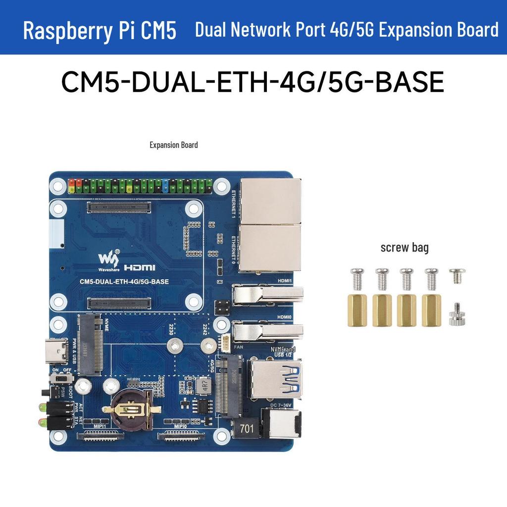 Raspberry Pi CM5 Dual Network Expansion Board with 4G/5G Module Support, Dual 4K Output, and Dual MIPI.