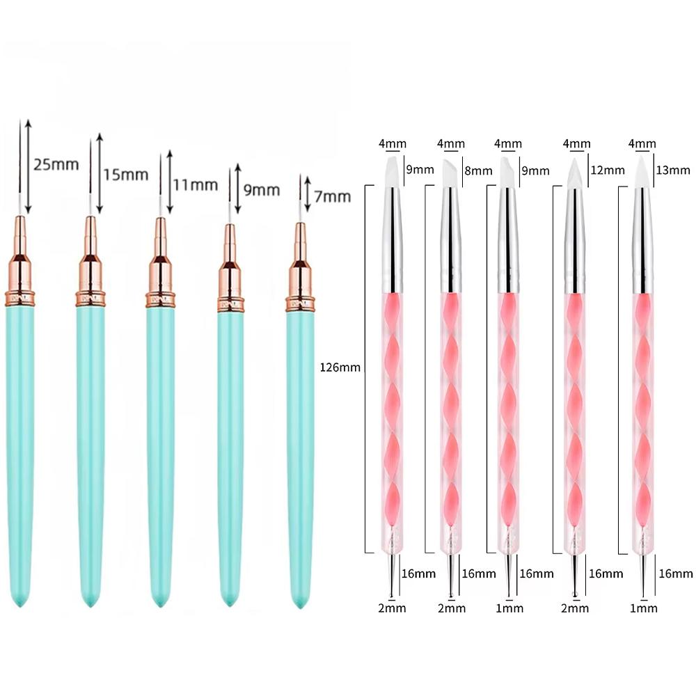 10Pcs Nail Liner Brush Set UV Gel Nail Brushes Kits Silicone Point Flower Nail Pen French Stripe Line Painting Drawing Tools