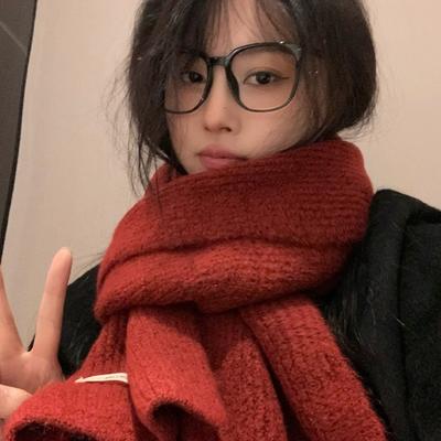 Scarf Women's New Winter Knitted Wool Scarf Red Korean Version Versatile High End Solid Color Warm Couple