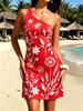 Women's One Shoulder Mini Dress White Wildflower Print Red Bodycon Sundress for Summer Beach Vacation