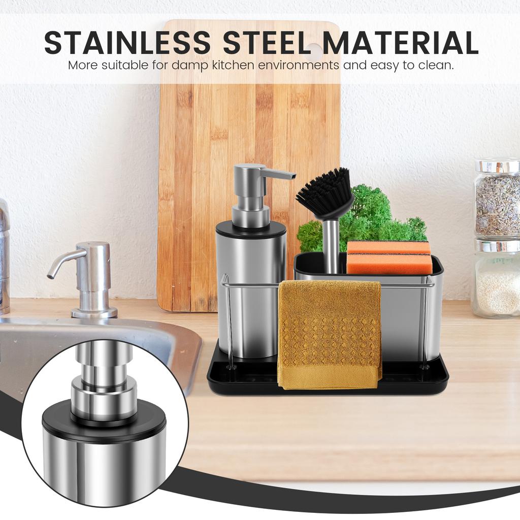 3-in-1 Zeepdispenser Pomp Set met Borstel Spons Houder Handdoekrek Keuken Spoelbak Afwasmiddel Dispenser Schoonmaakgereedschap Opbergruimte