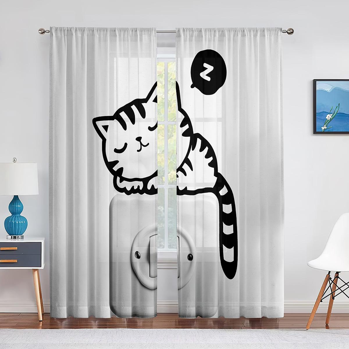 Прозрачные шторы с милым котом в стиле фэнтези для гостиной — фото 6