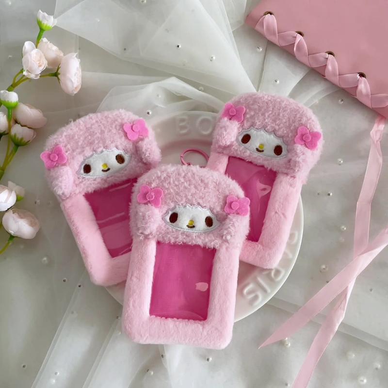 1Pcs Pink My Melody Lamb Student Plush Card Case Keychain Bus Card Holder Photo Card Display Sleeves Bag Pendant Gifts
