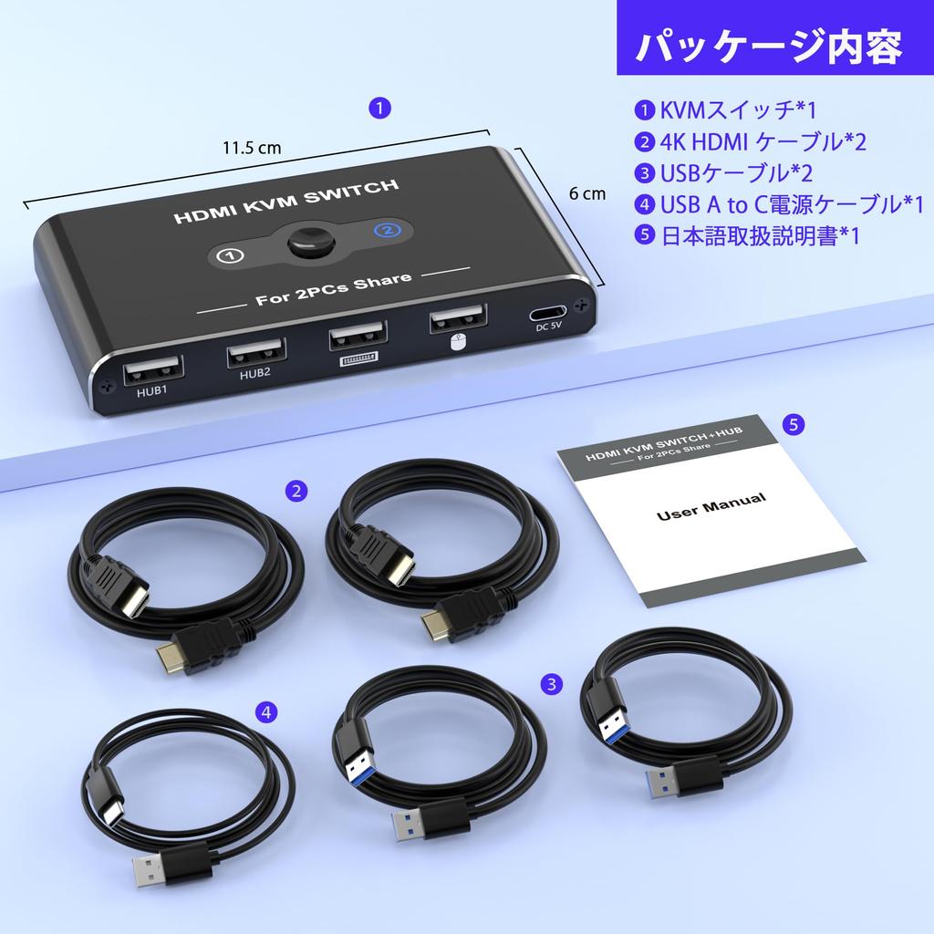 KVM Switch for 2 PCs (HDMI), Shares Keyboard/Mouse/Printer/Display, 2 Inputs/1 Output, 4K@60Hz Video Output, 4 USB-A Ports, Compatible with Keyboard/M