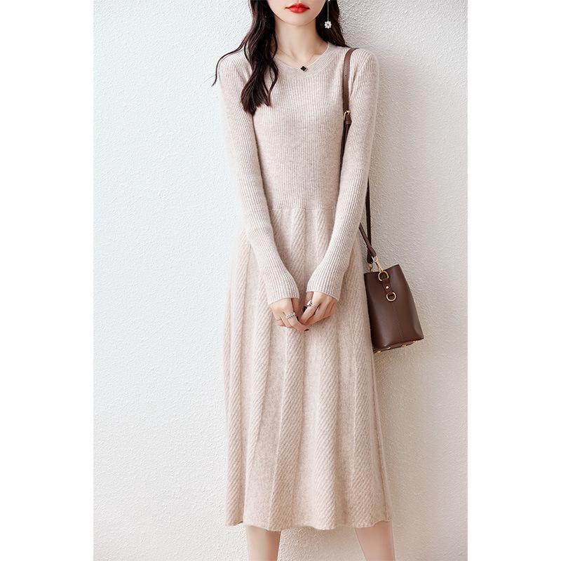 Women's Autumn Loose Merino Wool Crew Neck Sweater Dress Over-the-Knee