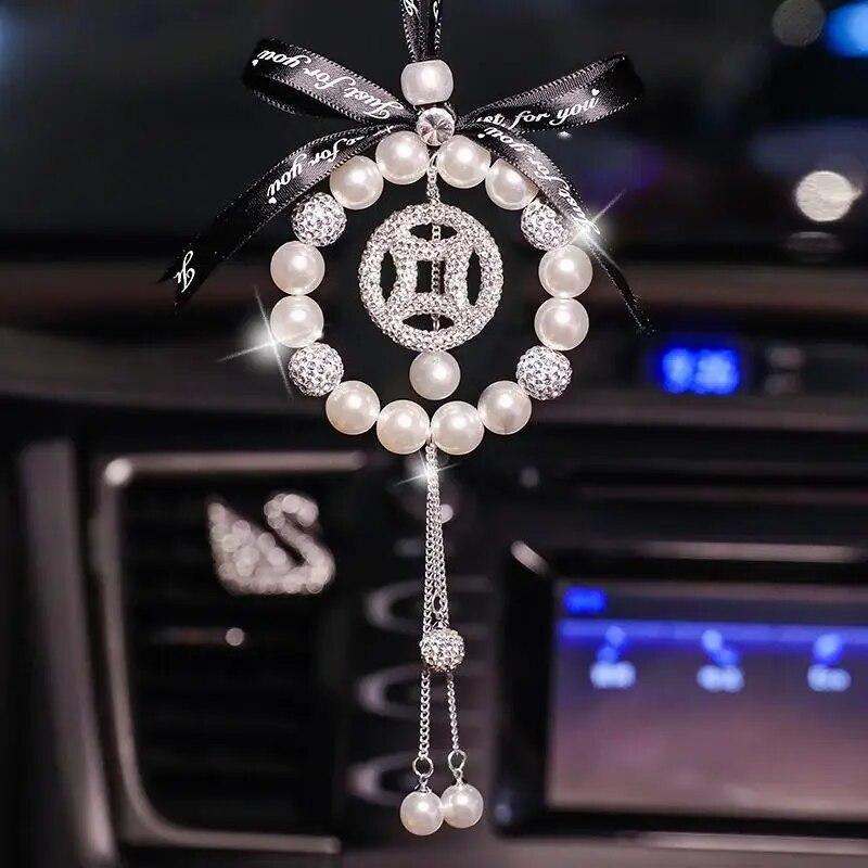 Diamond Pearl Car Pendant Cute Cartoon Heart Star Tassels Rearview Mirror Ornaments Rhinestone Woman Car Decro Accessories